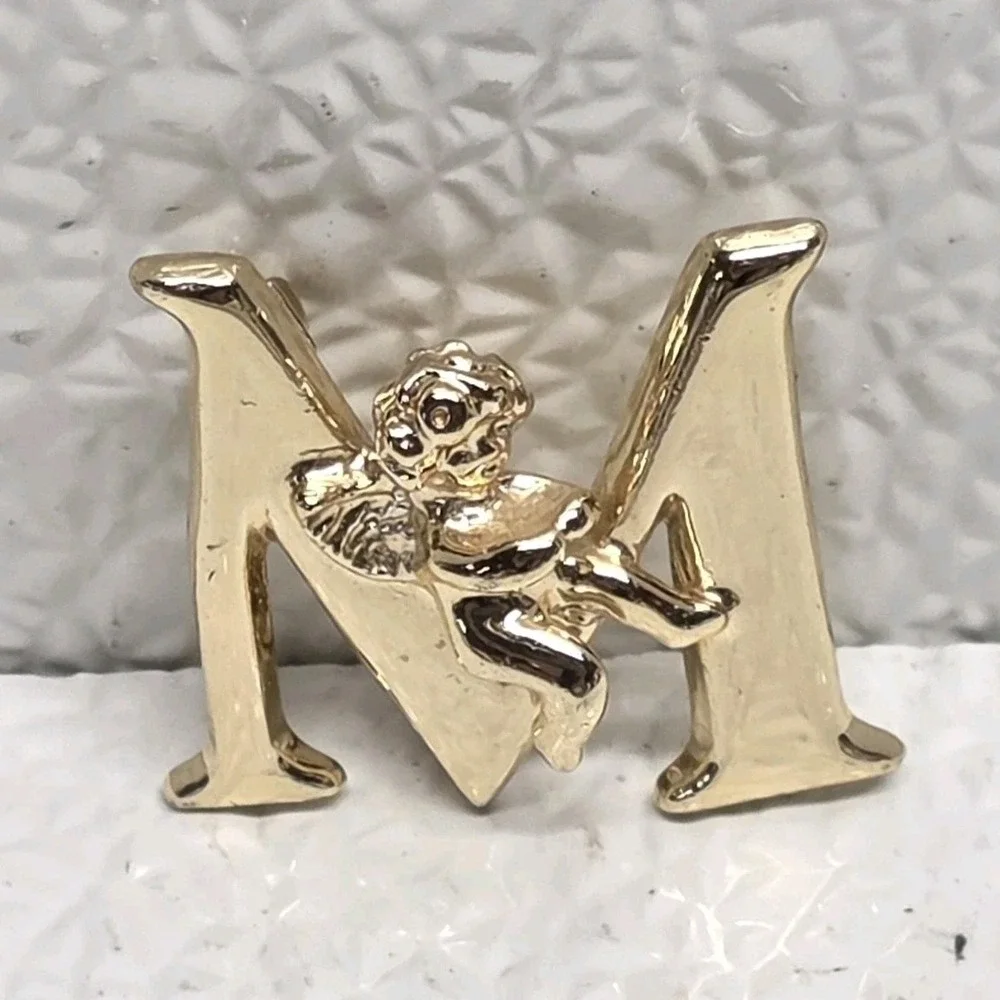 Initial Brooch L Razza Letter M Vintage Cherub Pin Gold Tone Grannycore
